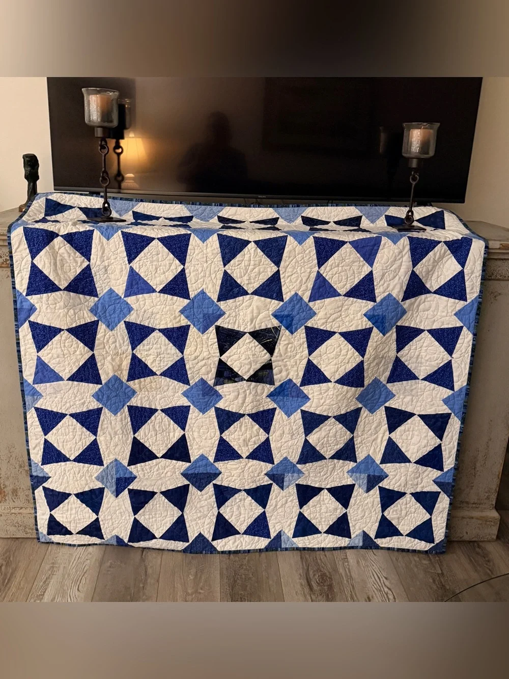 Vintage Handmade New 58” x 59”   Blue & White Geometric Patterned Throw Quilt